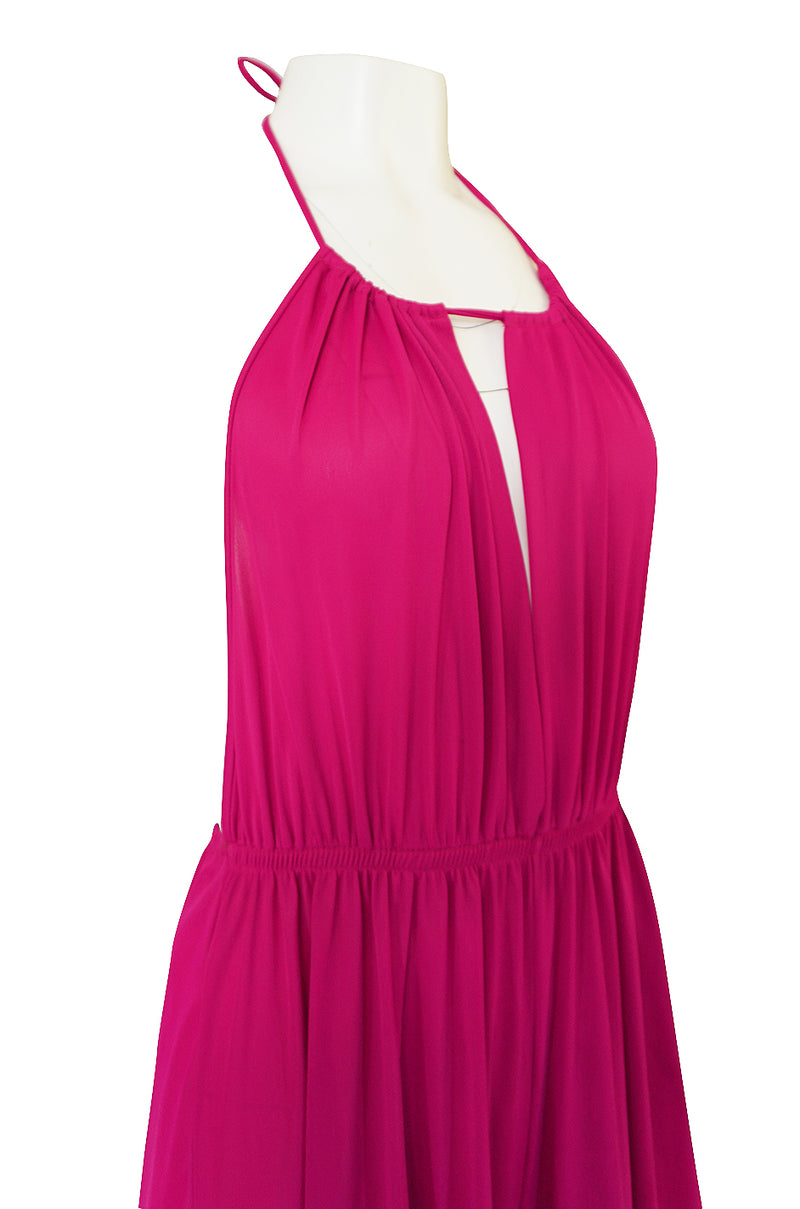 1960s Unlabelled Bright Pink Nylon Wide Leg Backless Jumpsuit