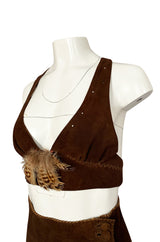 1960s North Beach Leather Suede & Feather Halter Top & Wrap Skirt Set