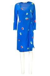 Resort 1980 Halston Abstract Print Blue Silk Wrap Day Dress