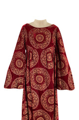1930s Franco Bertoli Hand Painted Gold Patterned Caftan Dress on A Deep Red Silk Velvet