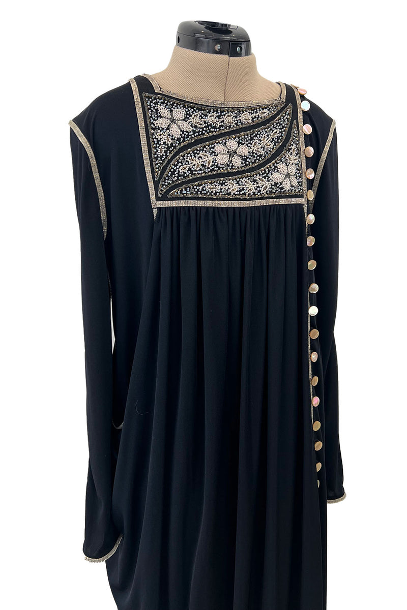 Museum Held 1970s Bill Gibb Black Liquid Jersey Dress w MOP Buttons & Extensive Beading