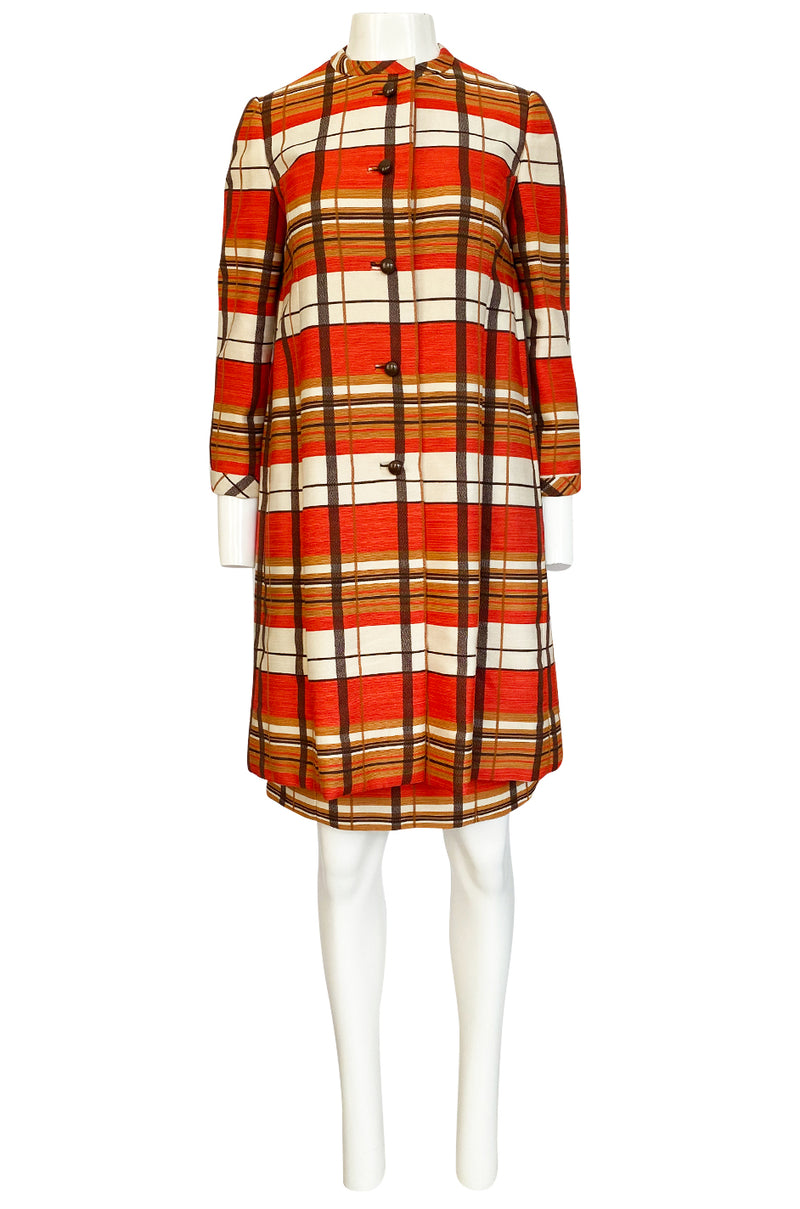 1967 Jacques Tiffeau Orange Plaid Skirt & Matching Coat Suit Set