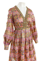 1960s Possible OLDR Metallic Pink & Gold Organza Dress w Gold Braid & Rhinestones