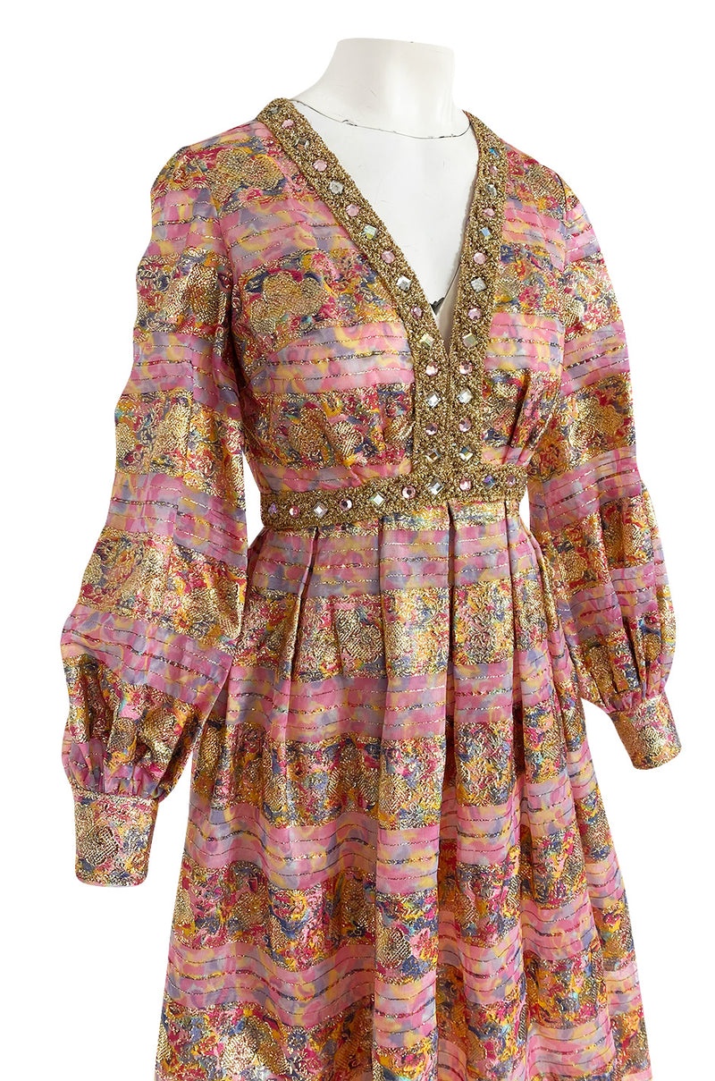 1960s Possible OLDR Metallic Pink & Gold Organza Dress w Gold Braid & Rhinestones
