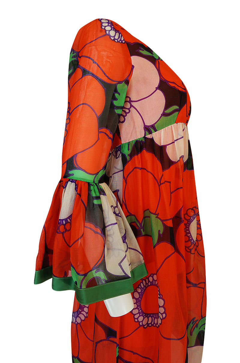 1970s Mollie Parnis Huge Floral Print Silk Organza Dress