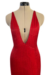 Showstopping 1975 John Anthony Couture Deep Plunging Red Dress Entirely Covered in Glass Beads