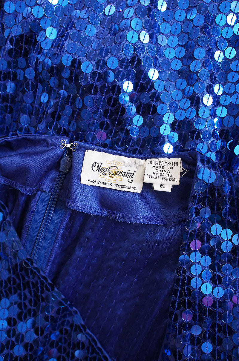 1980s Oleg Cassini Blue Sequin Dress