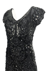 1960s Densely Hand Covered Glossy Black Bead & Sequin Dress Knit Base Dress
