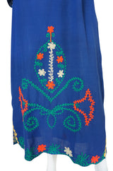 1960s Arts & Crafts Yarn Embroidered Blue Cotton Caftan