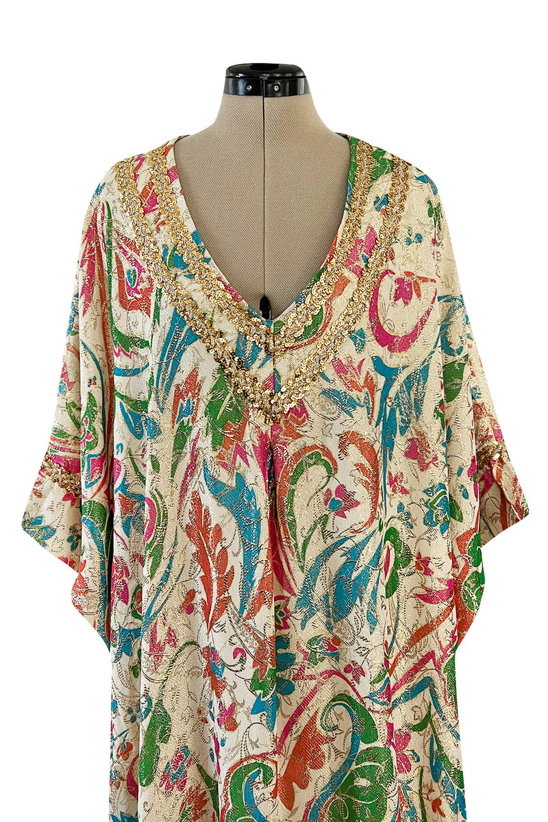 Gorgeous 1960s Lucie Ann Beverly Hills Gold Thread Lame Caftan w Sequin Detailing