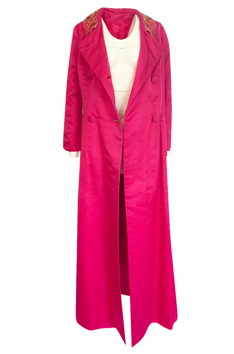 1960s Unlabeled Malcolm Starr Pink Silk Satin Full Length Evening Coat Shrimpton Couture 