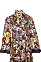 1972 Jean Muir Abstract Printed Silk Satin Dress w Pin Tuck Detailed Bodice