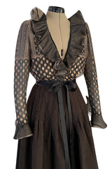 Incredible 1980s Unlabeled Haute Couture Silk Net & Brown Silk Taffeta Plunge Front Dress