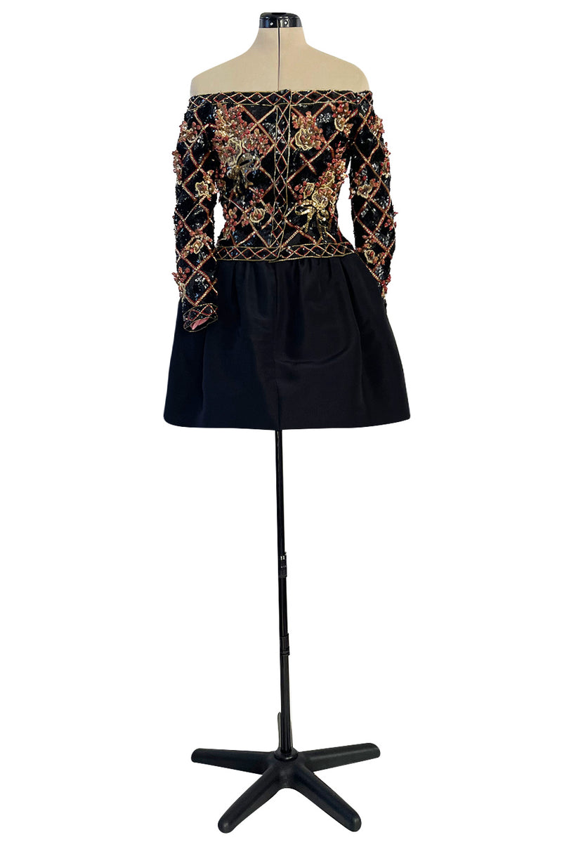 Elaborate 1987 John Anthony Couture Off Shoulder Mini Dress w Sequin Beading & Rosettes