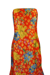 c.1998 Sully Bonnelly Red & Gold Floral Strapless Trained Dress