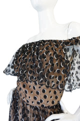1970s Jean Louis Dotted Net & Silk Off Shoulder Dress