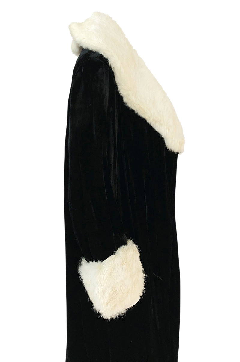 Wonderful 1920s Unlabeled Black Velvet Coat w Ermine Collar & Cuffs