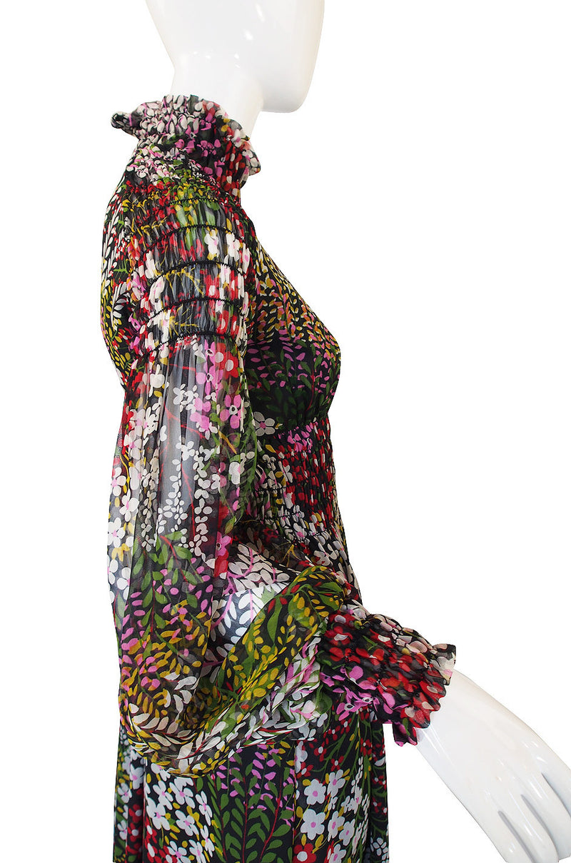 1970s Scott Barrie Silk Ruched Maxi Dress