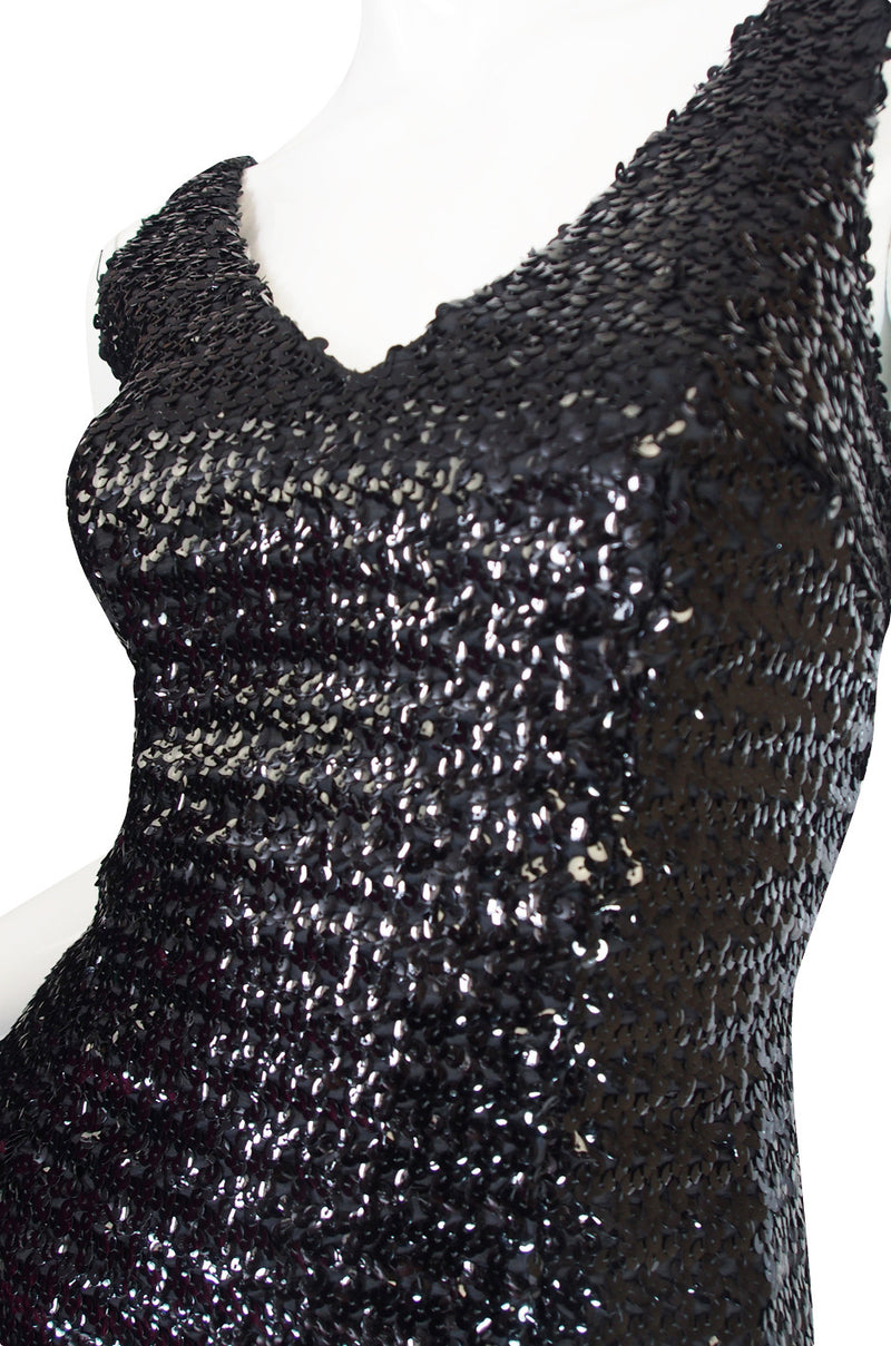 1970s Glossy Black Sequin Donald Brooks Dress