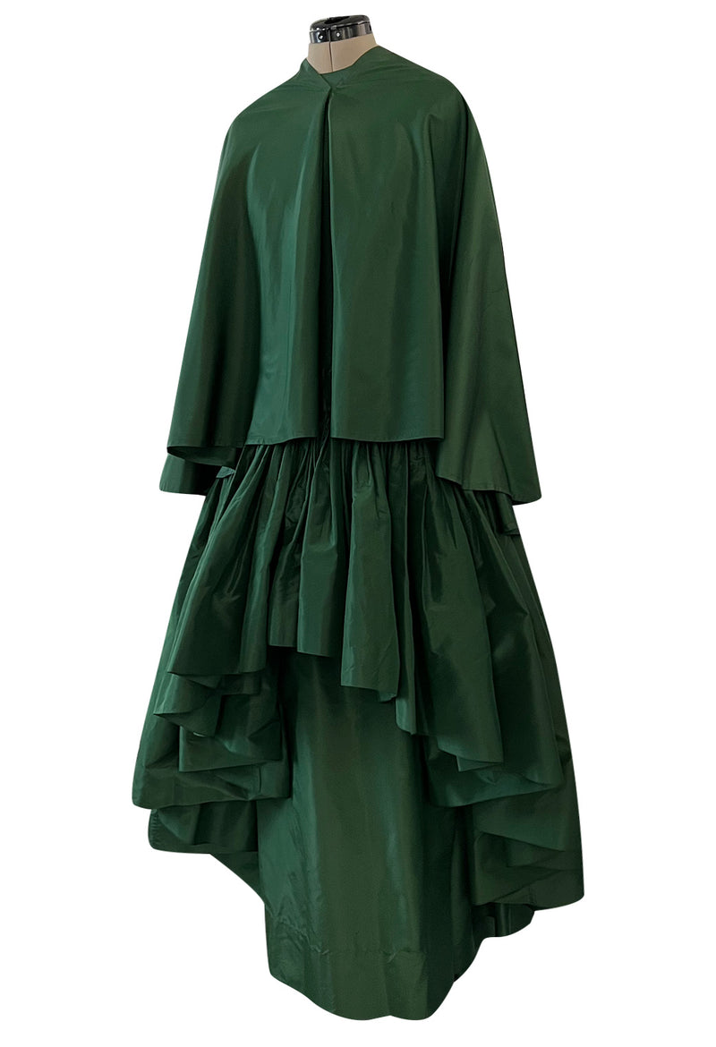 Rare 1977 Madame Gres Haute Couture Dress & Cape in a Deep Green Silk Taffeta