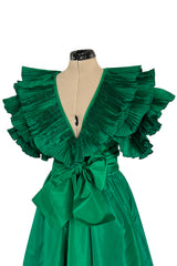 1980s Paul-Louis Orrier Emerald Green Silk Taffeta Couture Dress w Extravagant Ruffles