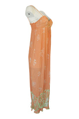 1970s Bill Tice Peach Print Halter Dress & Jacket Pleat Set