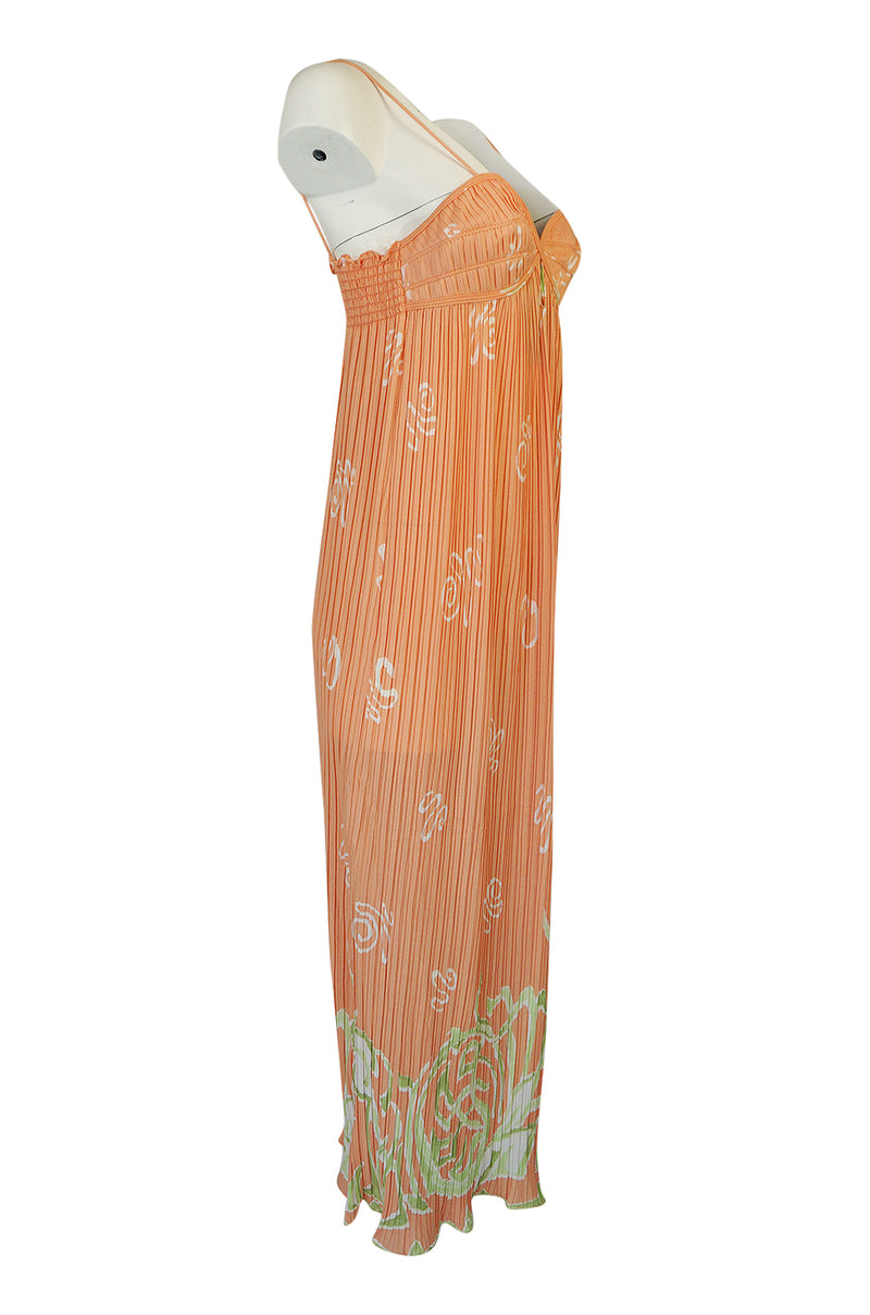 1970s Bill Tice Peach Print Halter Dress & Jacket Pleat Set