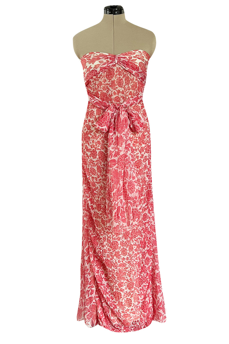 1982 Guy Laroche Haute Couture Floral Print Silk Chiffon Strapless & Caped Back Dress