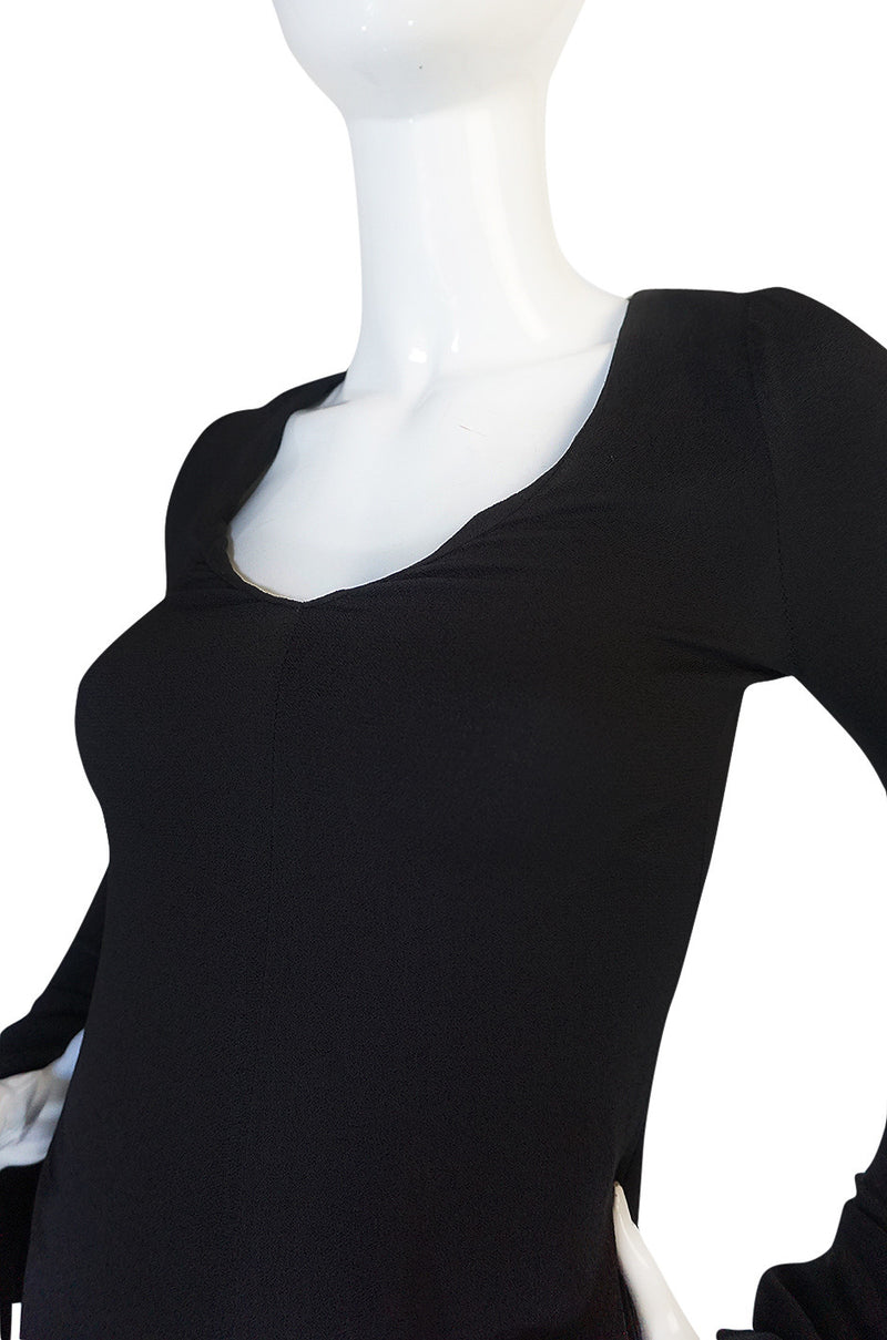 1970s Biba Ruffled Cuffs Black Moss Crepe Dress