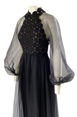 1960s Werle Black Organza & Embroidered Lace Transparent Back Dress