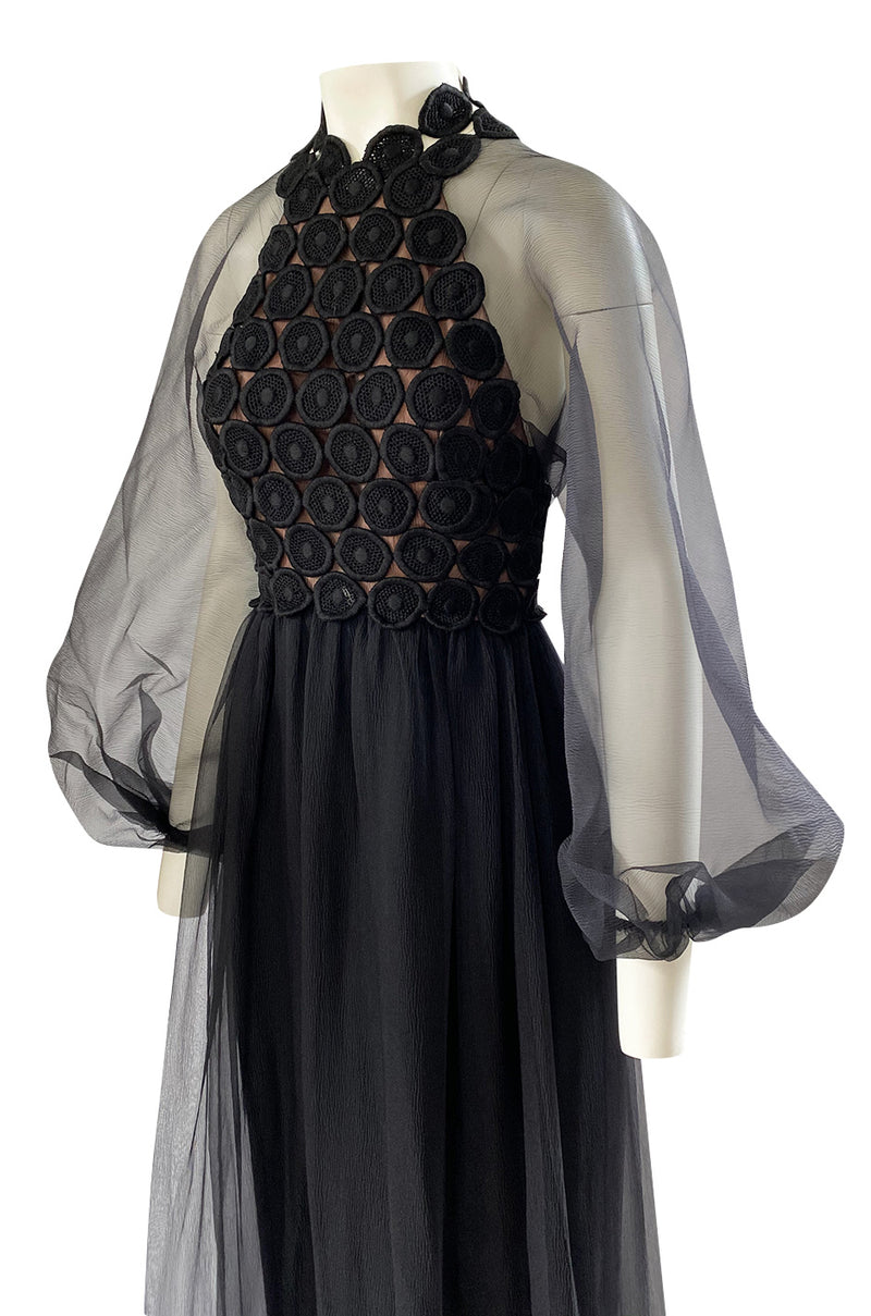 1960s Werle Black Organza & Embroidered Lace Transparent Back Dress