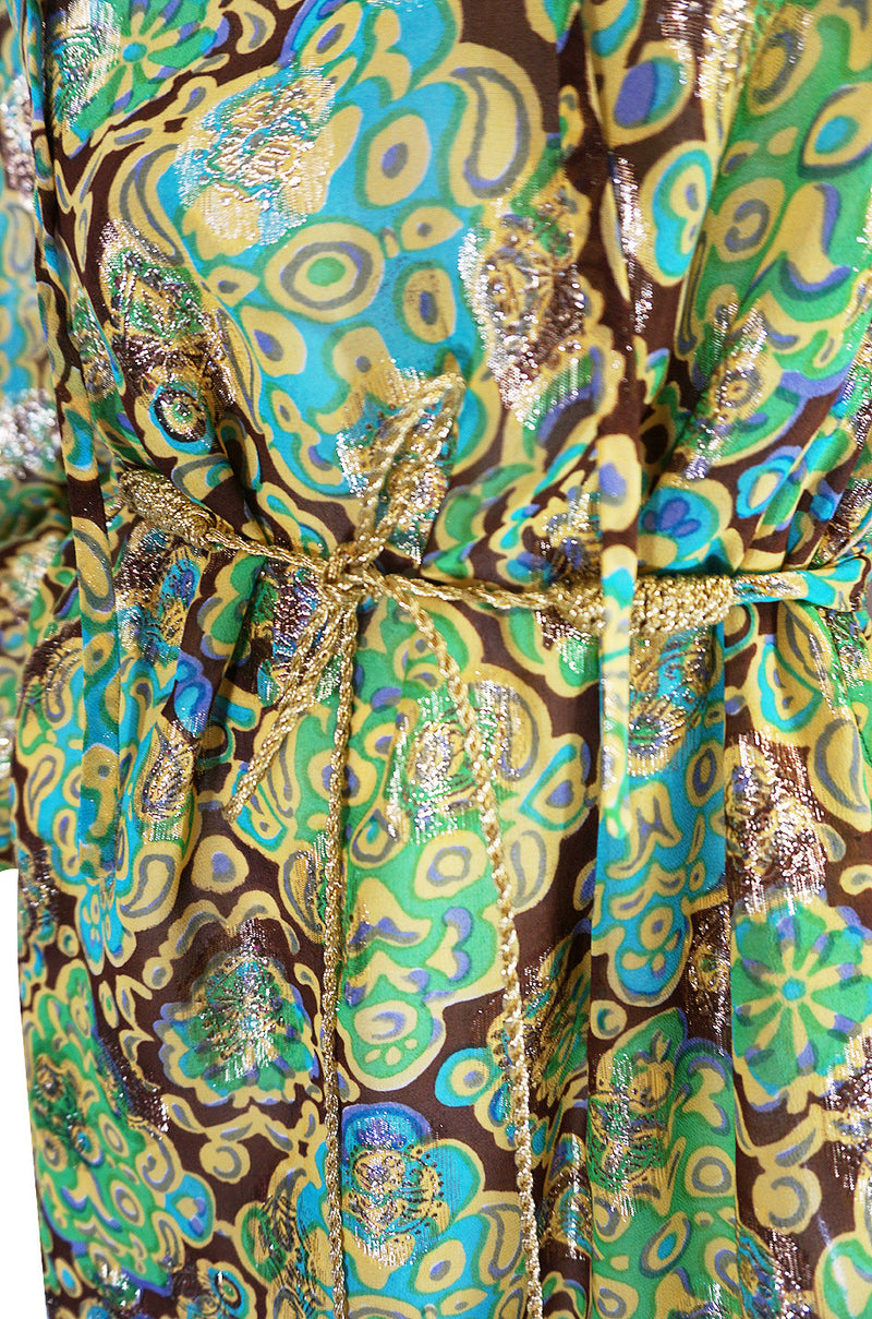 1970s Green & Gold Metallic Silk Adele Simpson Dress