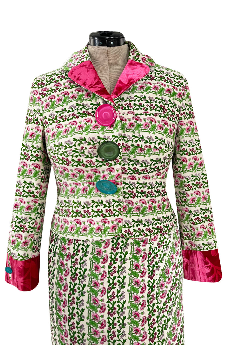 Fall 2005 Kenzo Defile Printed Pink & Green Floral Velvet Suit w Contrasting Lining