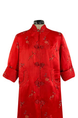 Gorgeous 1950s Red Silk Embroidered Asian Evening Coat w Top Stitched Cuffs & Collar
