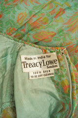 1970s Green Printed Ruffled Silk Chiffon Treacy Lowe Dress