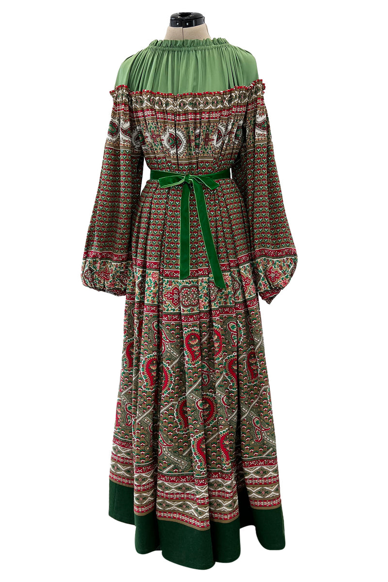 Gorgeous 1970s Lanvin Couture Printed Gathered Silk Caftan Dress w Balloon Sleeves & Felt Hem