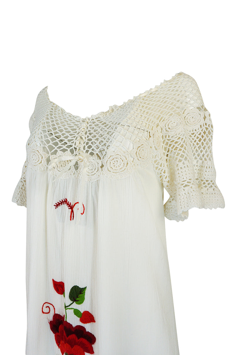 1960s Unlabelled Crochet & Embroidered White Gauze Midi Dress