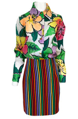 Spring 1992 Todd Oldham Floral Top w Rainbow Striped Jacket & Skirt Suit