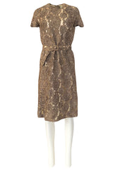Early 1950s Unlabeled Taupe Ribbon Tape and Net Sheat Dress & Belt
