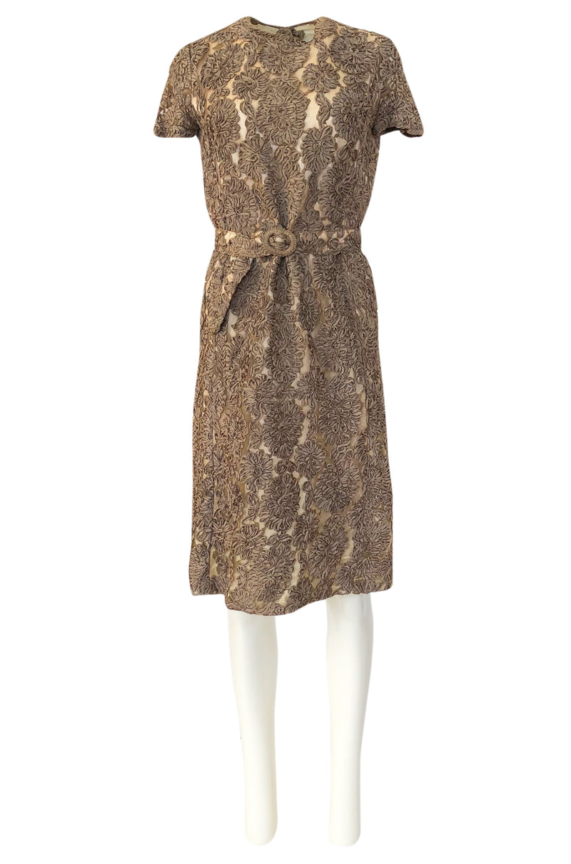 Early 1950s Unlabeled Taupe Ribbon Tape and Net Sheat Dress & Belt