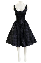 Early 1980s Nina Ricci Black Silk Metallic Lame Full Skirted Low Back Dress