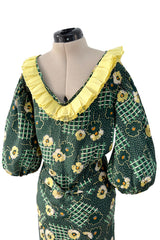 Prettiest 1930s Green Floral Print Bias Cut Silk Crepe w Yellow Collar & Original Belt