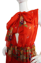1970s Alberto Fabiani Open Slit Coral Silk Print Dress