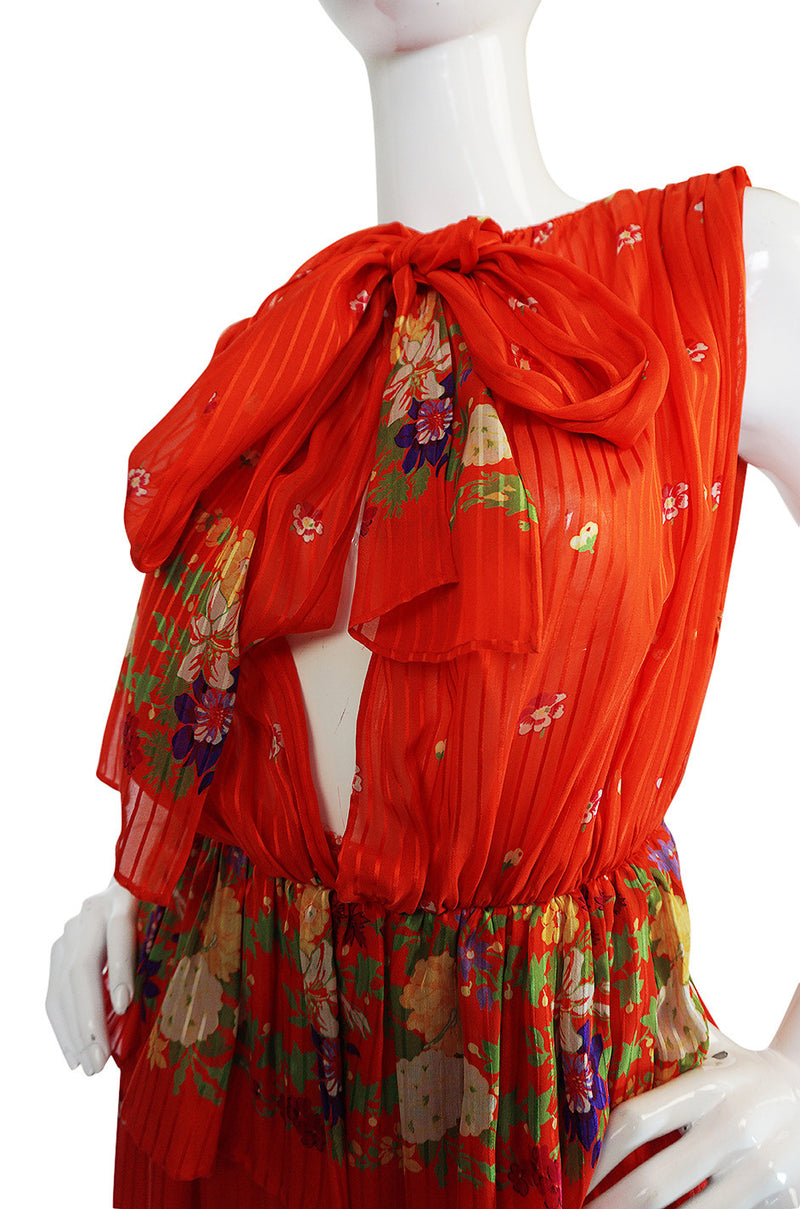 1970s Alberto Fabiani Open Slit Coral Silk Print Dress