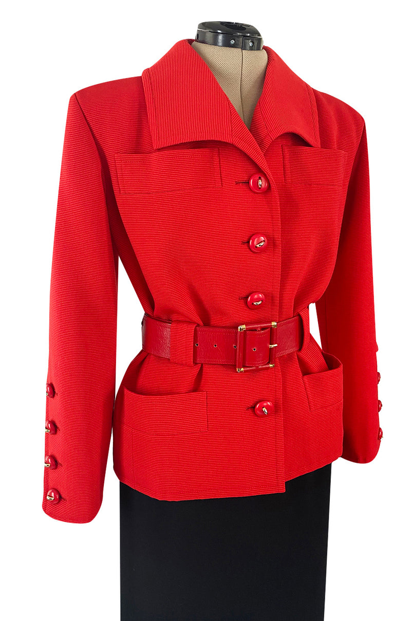 1980s Ady Couture Lausanne Red Belted Box Jacket & Long Black Skirt Suit Set