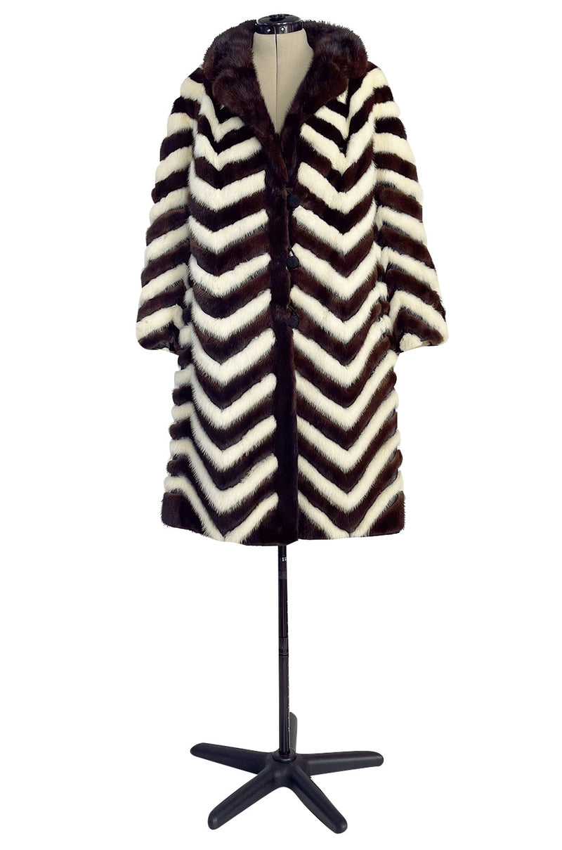Wonderful 1960s Mink Coat w a Deep Brown Chocolate & Ivory Fur & Leather Chevron Pattern