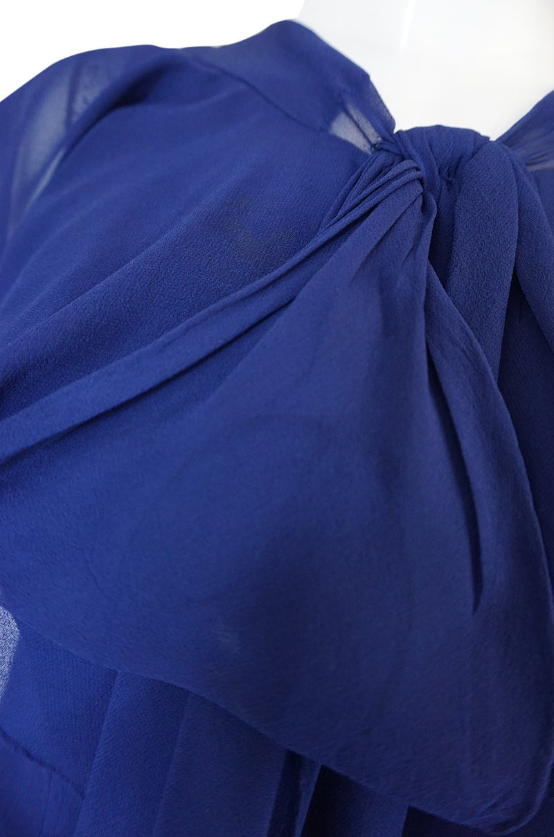 1970s Deep Blue Silk Chiffon Caped Detail Valentino Dress