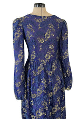 1970s Lanvin by Jules-Francois Crahay Demi-Couture Metallic Gold Detailing BlueNet Dress