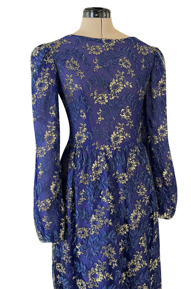 Demi-Couture 1970s Lanvin by Jules-Francois Crahay Blue Net Dress w Metallic Gold Detailing