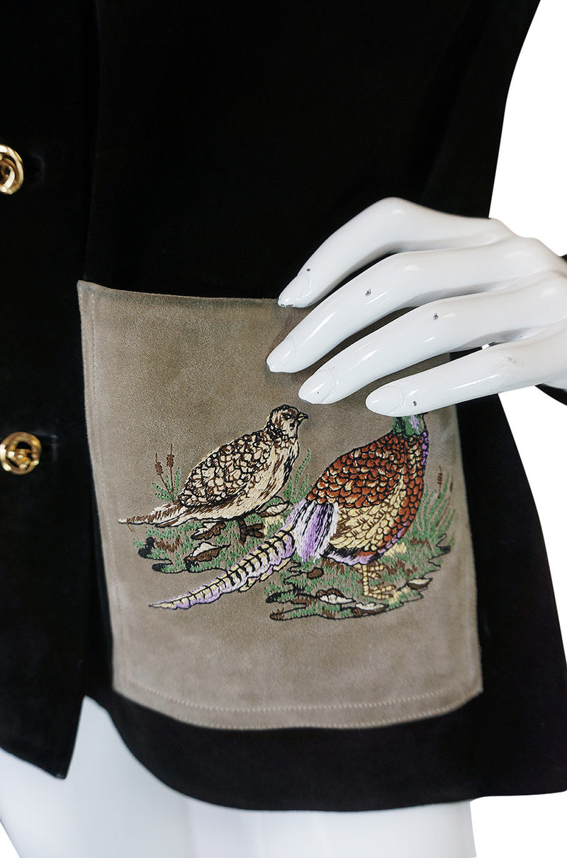 1970s Gucci Suede Jacket With Embroidered Pheasants